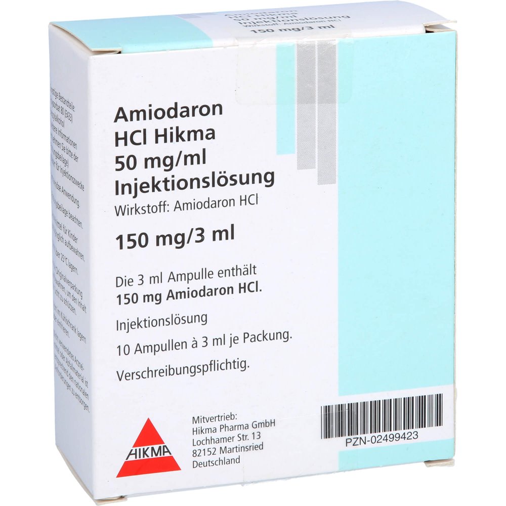 Das Produktfoto zeigt Amiodaron Hcl Hikma 50mg/Ml Injekt.Lsg. (10X3 ml) PZN 02499423