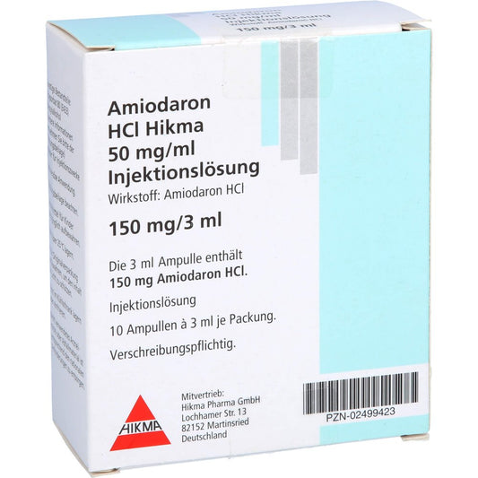 Das Produktfoto zeigt Amiodaron Hcl Hikma 50mg/Ml Injekt.Lsg. (10X3 ml) PZN 02499423