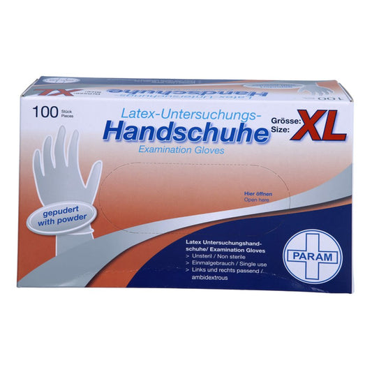 Das Produktfoto zeigt Handschuhe Einmal Latex Gepudert Xl (100 stk) PZN 02500356