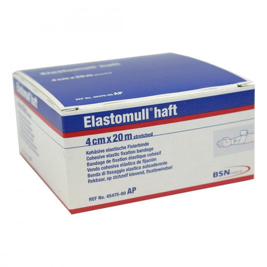 Das Produktfoto zeigt Elastomull Haft 4 Cmx20 M Fixierbinde (1 stk) PZN 02507080