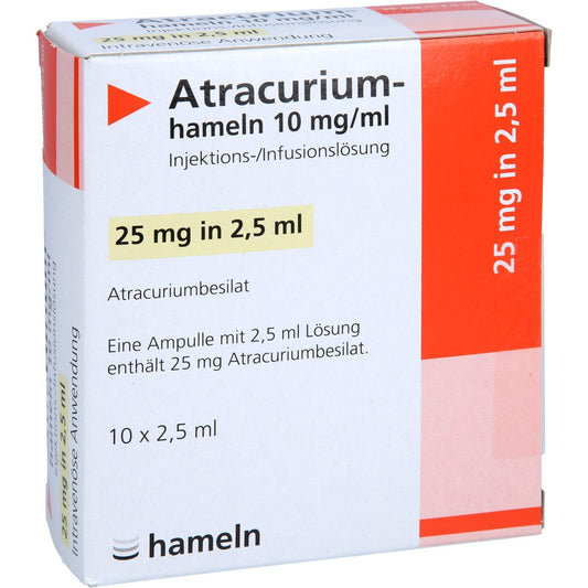 Das Produktfoto zeigt Atracurium-Hameln 10 Mg/Ml Injektionslösung Amp. (10X2.5 ml) PZN 02512023