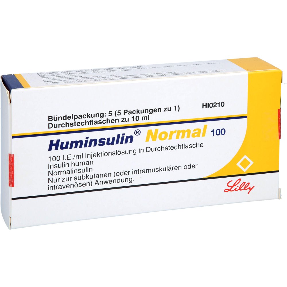 Das Produktfoto zeigt Huminsulin Normal 100 Injektionslösung (5X10 ml) PZN 02526396