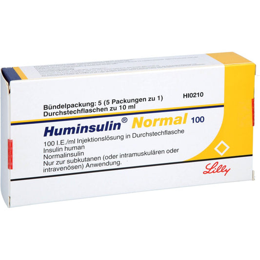 Das Produktfoto zeigt Huminsulin Normal 100 Injektionslösung (5X10 ml) PZN 02526396