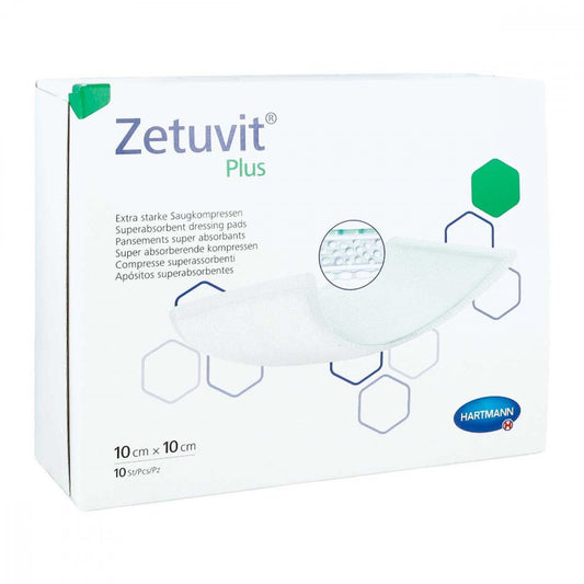 Das Produktfoto zeigt Zetuvit Plus Extrastarke Saugkompr.Steril 10x10 Cm (10 stk) PZN 02536259