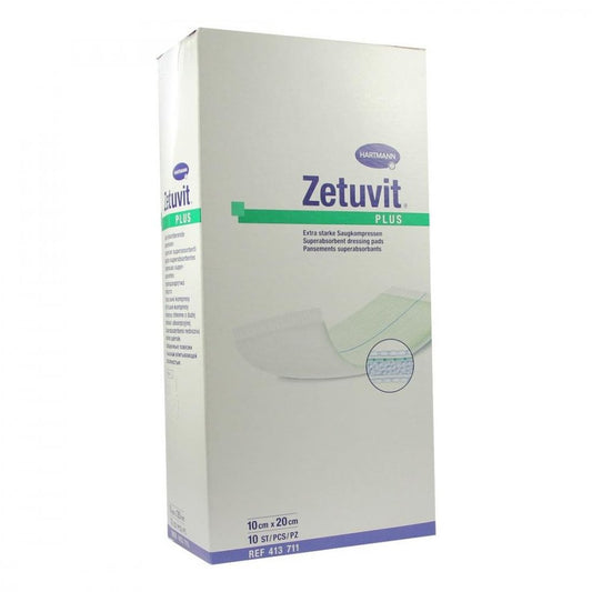 Das Produktfoto zeigt Zetuvit Plus Extrastarke Saugkompr.Steril 10x20 Cm (10 stk) PZN 02536265