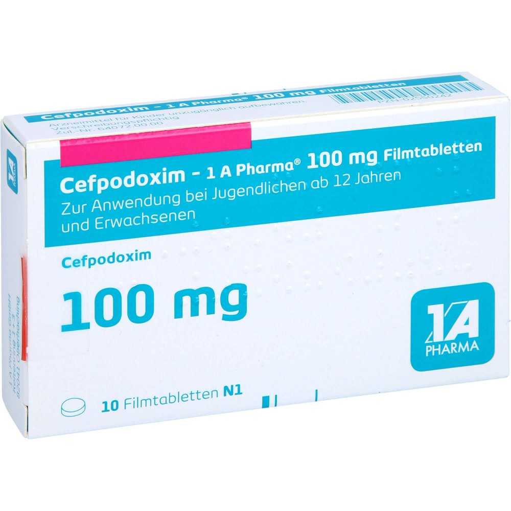 Das Produktfoto zeigt Cefpodoxim-1a Pharma 100 Mg Filmtabletten (10 stk) PZN 02550242