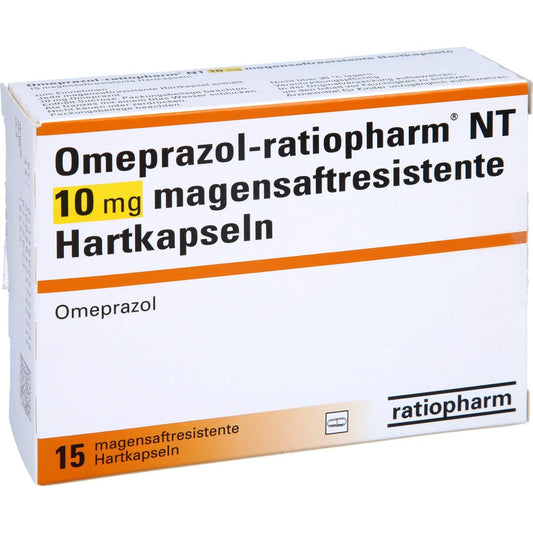 Das Produktfoto zeigt Omeprazol-Ratiopharm Nt 10 Mg Magensaftr.Hartkaps. (15 stk) PZN 02559823