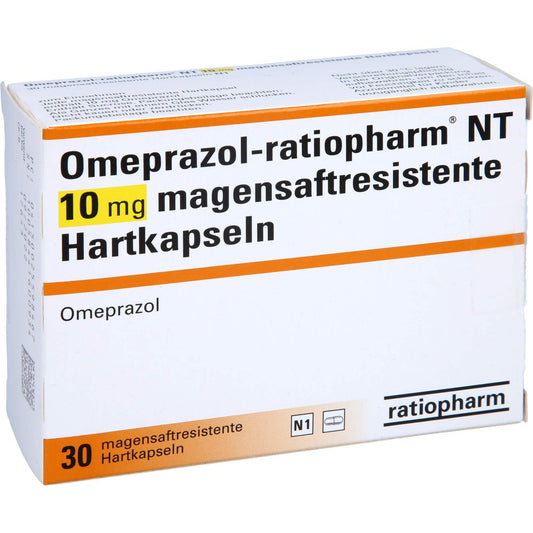 Das Produktfoto zeigt Omeprazol-Ratiopharm Nt 10 Mg Magensaftr.Hartkaps. (30 stk) PZN 02559846