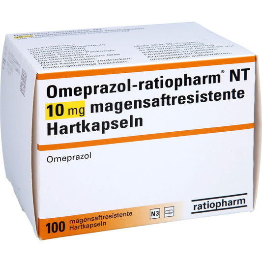Das Produktfoto zeigt Omeprazol-Ratiopharm Nt 10 Mg Magensaftr.Hartkaps. (100 stk) PZN 02559869