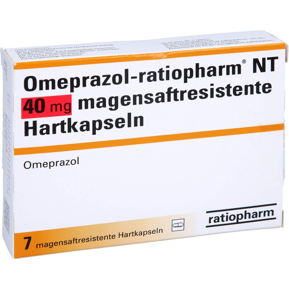 Das Produktfoto zeigt Omeprazol-Ratiopharm Nt 40 Mg Magensaftr.Hartkaps. (7 stk) PZN 02559875