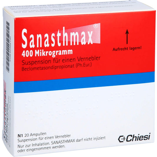 Das Produktfoto zeigt Sanasthmax 400 Μg Suspension F.Einen Vernebler (20X1 ml) PZN 02568130