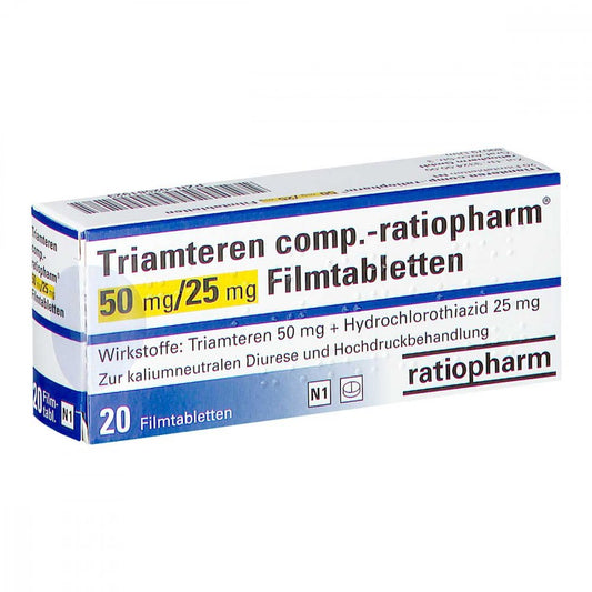 Das Produktfoto zeigt Triamteren Comp.-Ratiopharm 50 Mg/25 Mg Filmtabl. (20 stk) PZN 02581923