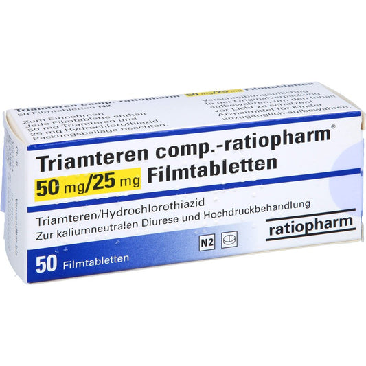 Das Produktfoto zeigt Triamteren Comp.-Ratiopharm 50 Mg/25 Mg Filmtabl. (50 stk) PZN 02581946