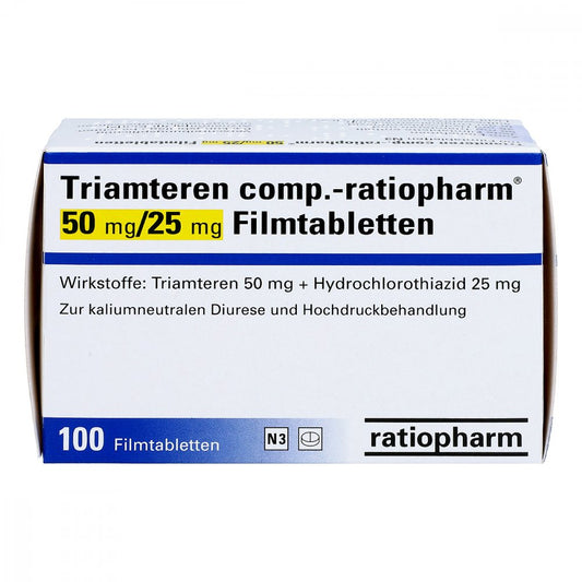 Das Produktfoto zeigt Triamteren Comp.-Ratiopharm 50 Mg/25 Mg Filmtabl. (100 stk) PZN 02581952