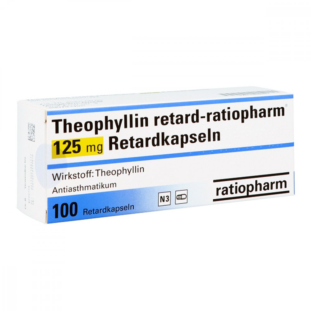 Das Produktfoto zeigt Theophyllin Retard-Ratiopharm 125 Mg Retardkapseln (100 stk) PZN 02588457