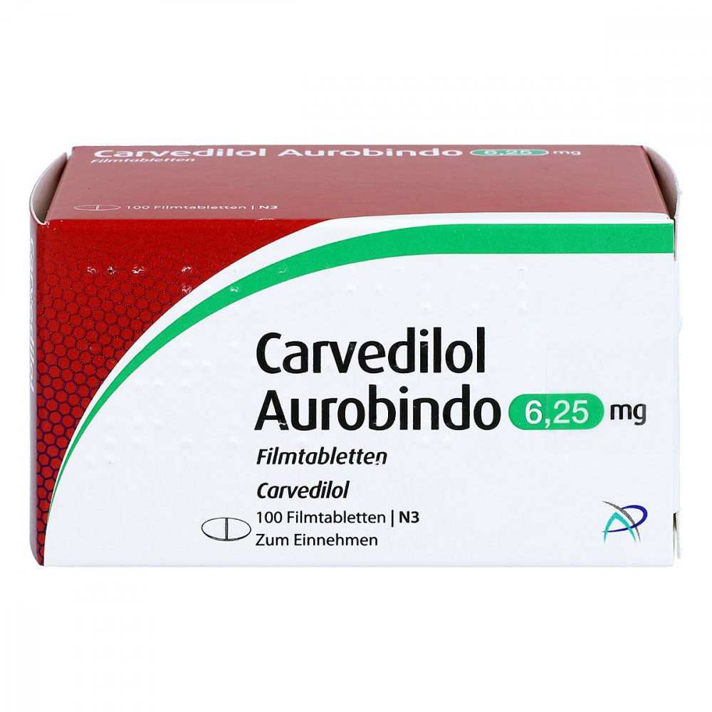 Das Produktfoto zeigt Carvedilol Aurobindo 6,25 Mg Filmtabletten (100 stk) PZN 02592269