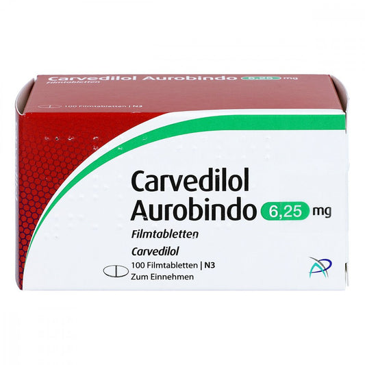 Das Produktfoto zeigt Carvedilol Aurobindo 6,25 Mg Filmtabletten (100 stk) PZN 02592269