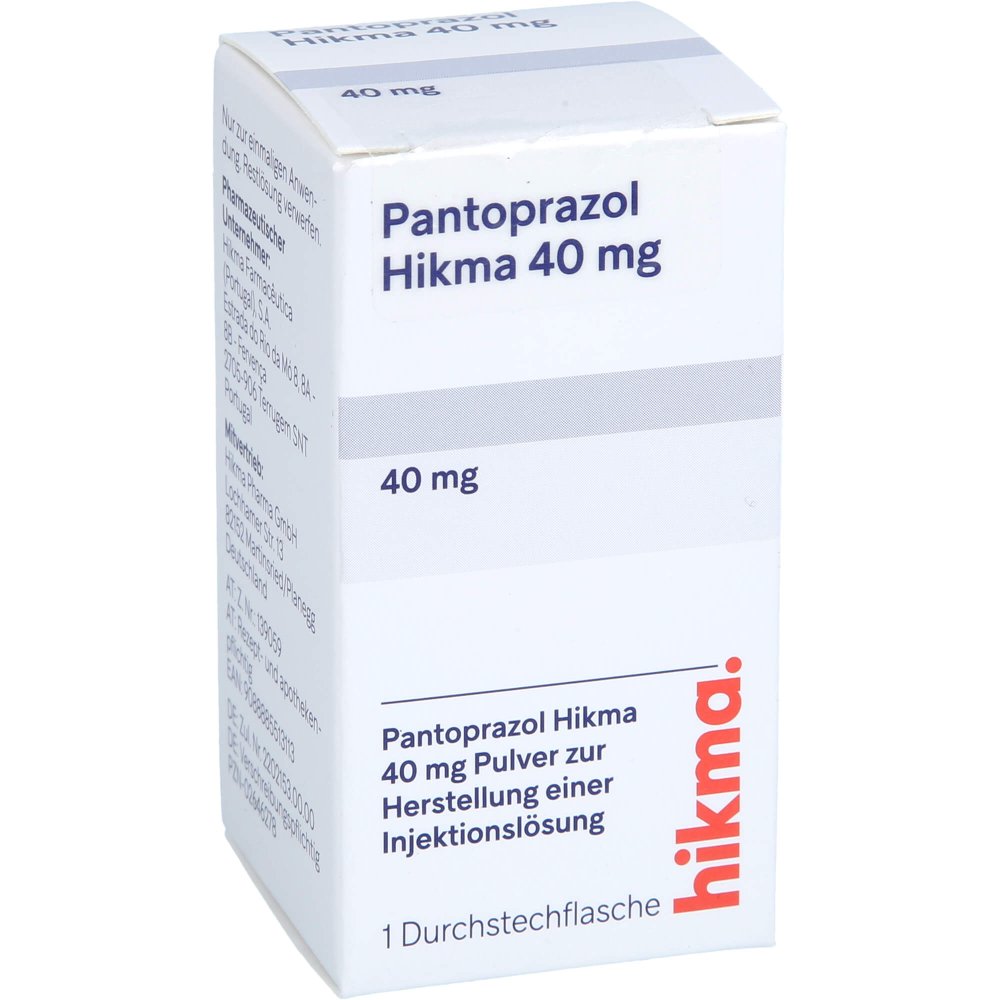 Das Produktfoto zeigt Pantoprazol Hikma 40 Mg Pulver Z.Herst.E.Inj.-Lsg. (1 stk) PZN 02646278