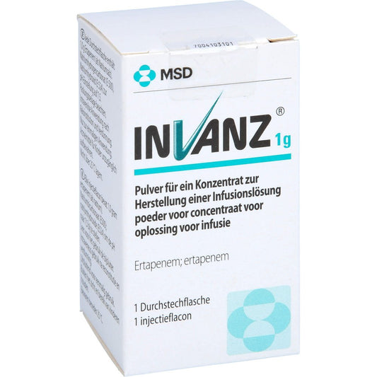 Das Produktfoto zeigt Invanz 1 G Plv.F.E.Konz.Z.Herst.E.Inf.-Lsg. (1 stk) PZN 02648320