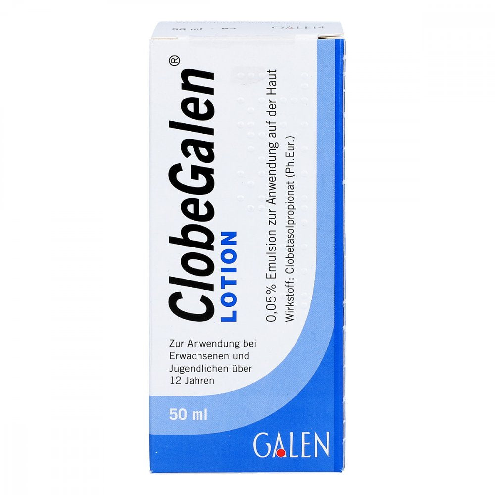 Das Produktfoto zeigt Clobegalen Lotion 0,05% Emulsion Z.Anw.Auf D.Haut (50 ml) PZN 02662260