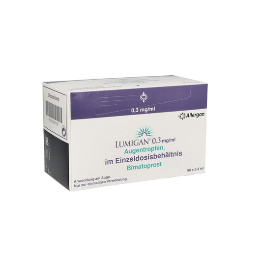 Das Produktfoto zeigt Lumigan 0,3 Mg/Ml Augentropfen Im Einzeldosisbeh. (90X0.4 ml) PZN 02667168