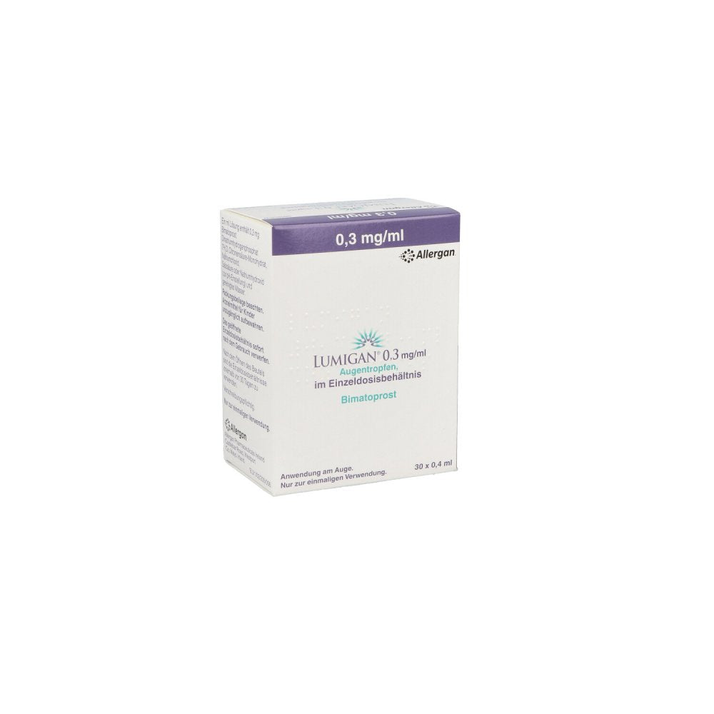 Das Produktfoto zeigt Lumigan 0,3 Mg/Ml Augentropfen Im Einzeldosisbeh. (30X0.4 ml) PZN 02667205