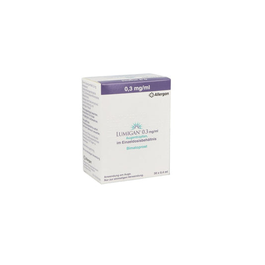 Das Produktfoto zeigt Lumigan 0,3 Mg/Ml Augentropfen Im Einzeldosisbeh. (30X0.4 ml) PZN 02667205