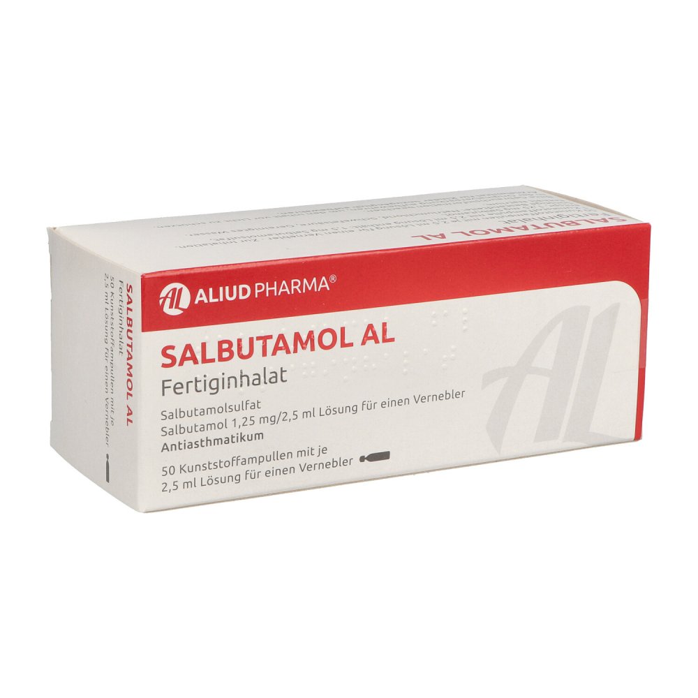 Das Produktfoto zeigt Salbutamol Al Fertiginhalat Ampullen Lsg.F.Verneb. (50X2.5 ml) PZN 02682937