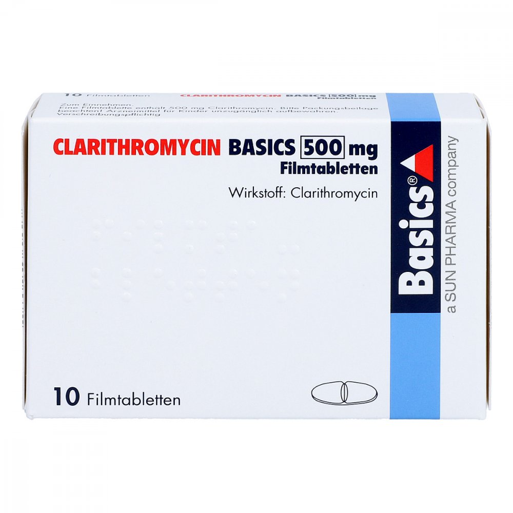 Das Produktfoto zeigt Clarithromycin Basics 500 Mg Filmtabletten (10 stk) PZN 02703214