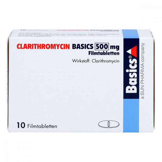 Das Produktfoto zeigt Clarithromycin Basics 500 Mg Filmtabletten (10 stk) PZN 02703214