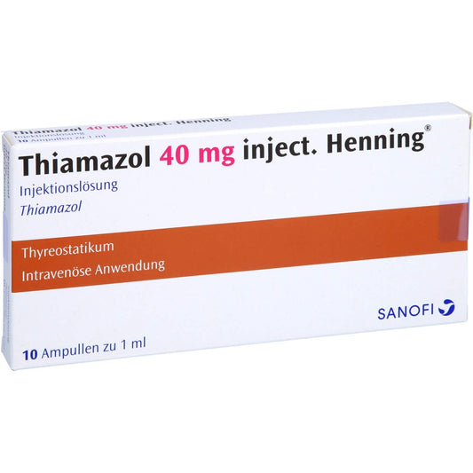Das Produktfoto zeigt Thiamazol 40 Mg Henning Inj.-Amp. (10X1 ml) PZN 02708654