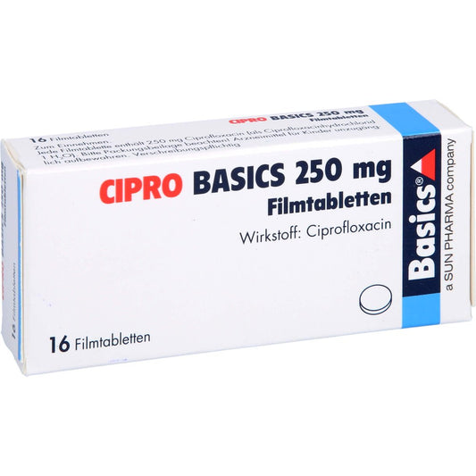 Das Produktfoto zeigt Cipro Basics 250 Mg Filmtabletten (16 stk) PZN 02709116