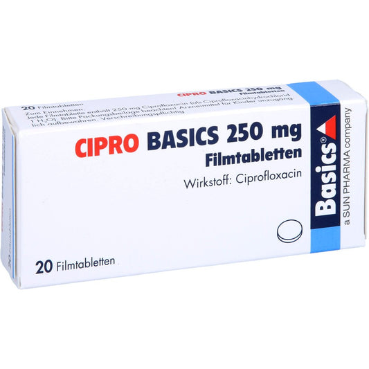 Das Produktfoto zeigt Cipro Basics 250 Mg Filmtabletten (20 stk) PZN 02709122