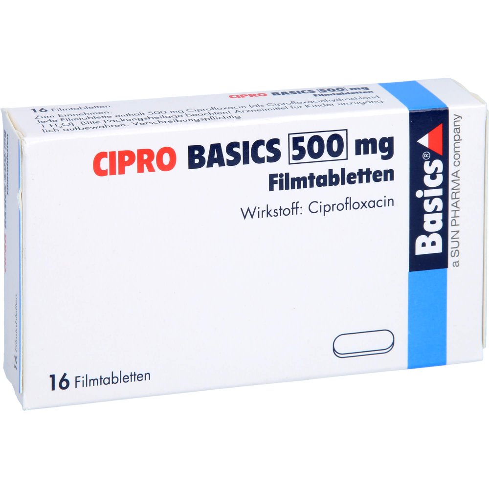 Das Produktfoto zeigt Cipro Basics 500 Mg Filmtabletten (16 stk) PZN 02709145