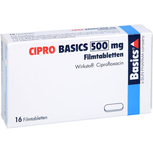 Das Produktfoto zeigt Cipro Basics 500 Mg Filmtabletten (16 stk) PZN 02709145