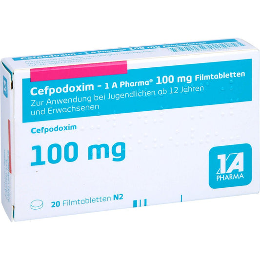 Das Produktfoto zeigt Cefpodoxim-1a Pharma 100 Mg Filmtabletten (20 stk) PZN 02719250