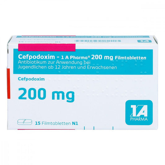 Das Produktfoto zeigt Cefpodoxim-1a Pharma 200 Mg Filmtabletten (15 stk) PZN 02719296