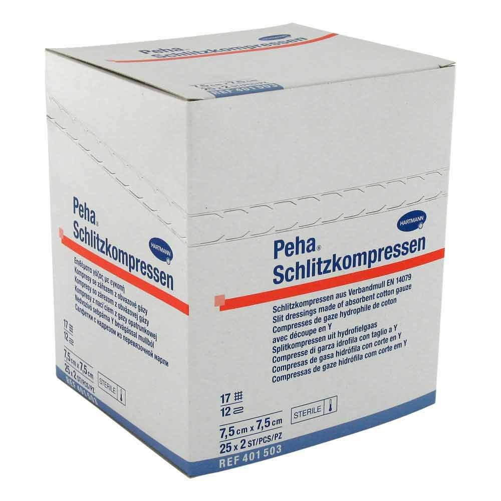 Das Produktfoto zeigt Peha Schlitzkompressen 7,5x7,5 Cm Steril (25X2 stk) PZN 02725032