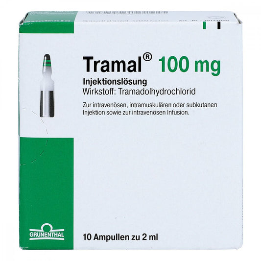 Das Produktfoto zeigt Tramal 100 Mg Injektions-/Infusionslösung (10 stk) PZN 02729194