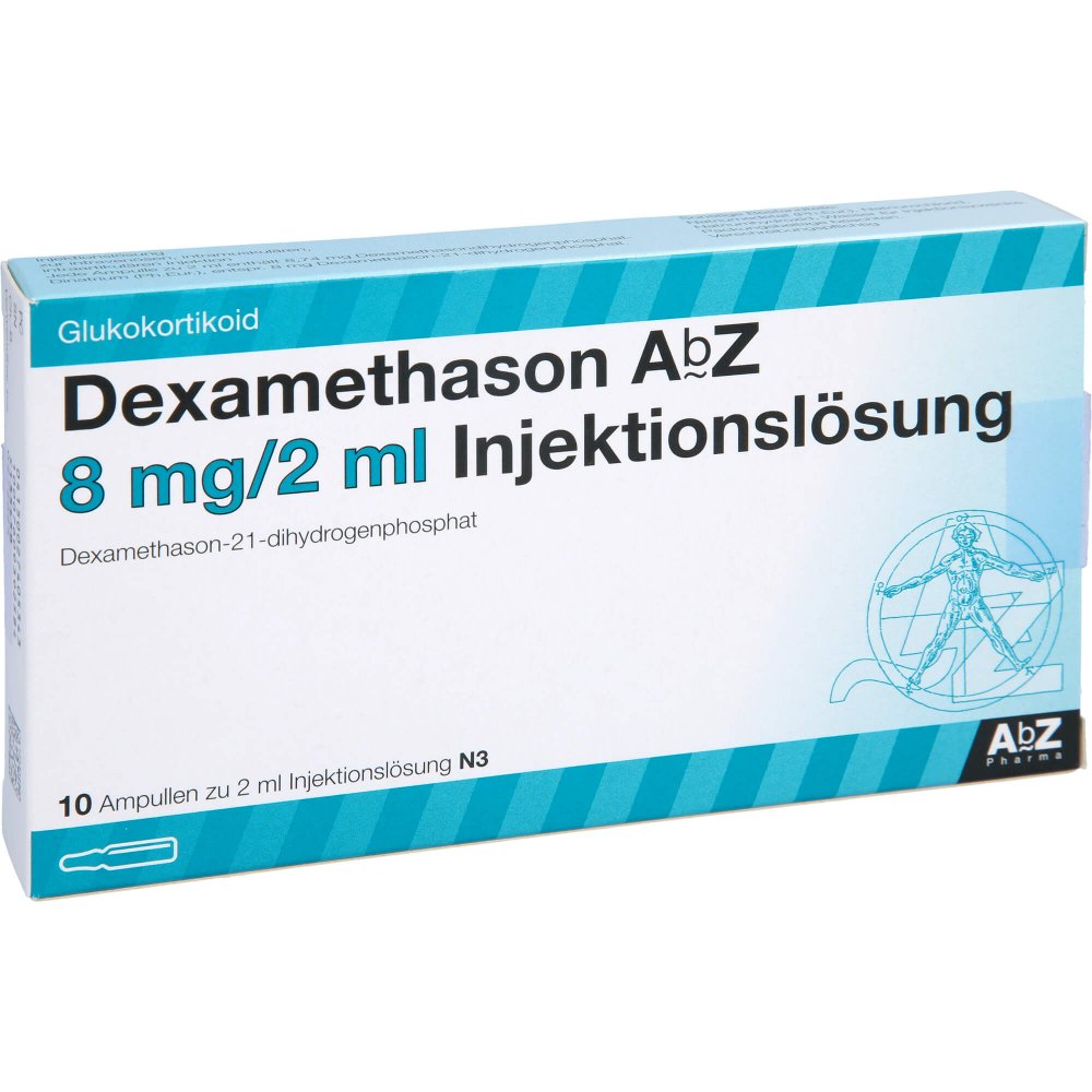 Das Produktfoto zeigt Dexamethason Abz 8 Mg/2 Ml Injektionslsg.Ampullen (10 stk) PZN 02740534