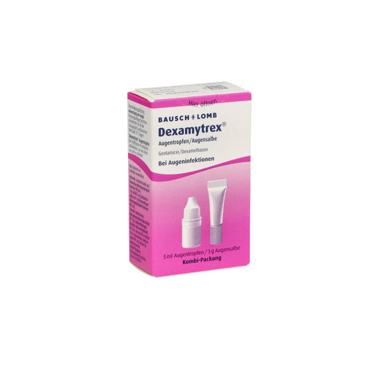 Das Produktfoto zeigt Dexamytrex Kombip. 5ml Tr.+3g As. (1 stk) PZN 02747795