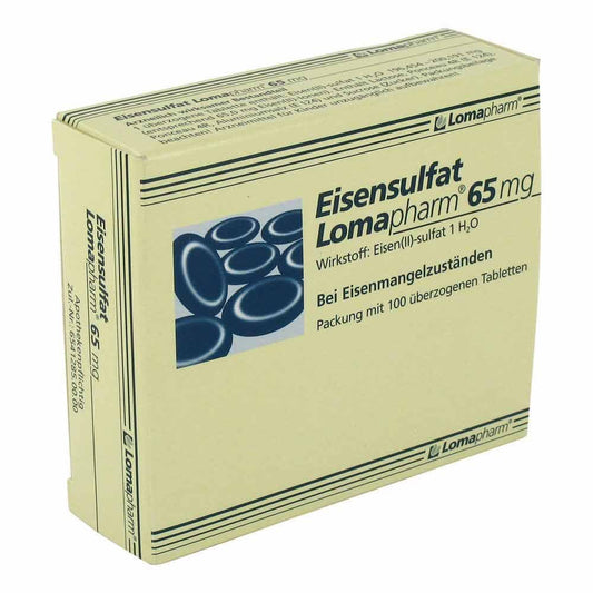 Das Produktfoto zeigt Eisensulfat Lomapharm 65 Mg Überzogene Tab. (100 stk) PZN 02750544