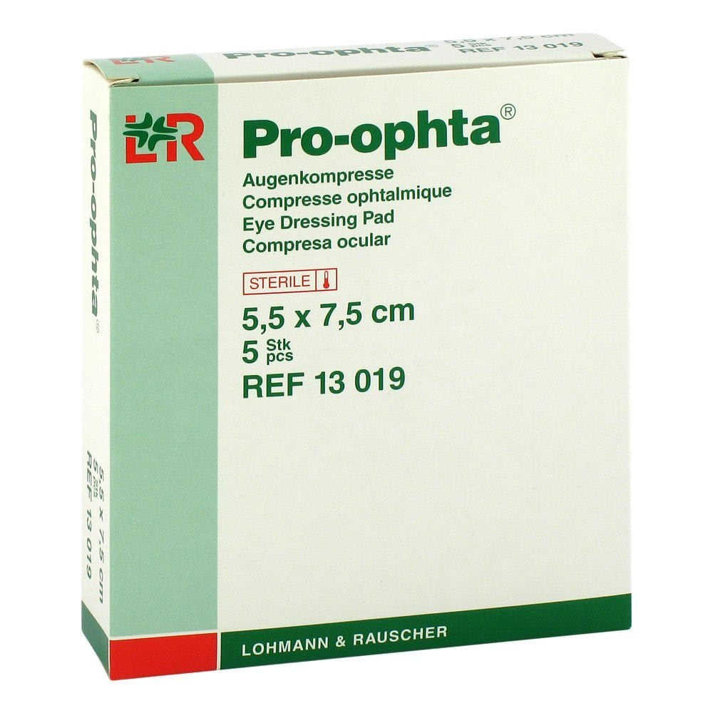 Das Produktfoto zeigt Pro-Ophta Kompressen 5,5x7,5 Cm Steril Einz. (5 stk) PZN 02754217