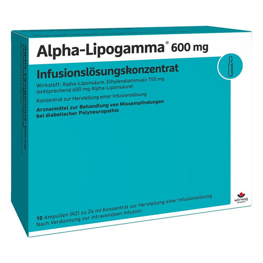 Das Produktfoto zeigt Alpha-Lipogamma 600 Mg Infusionslösungskonz. (10X24 ml) PZN 02757339