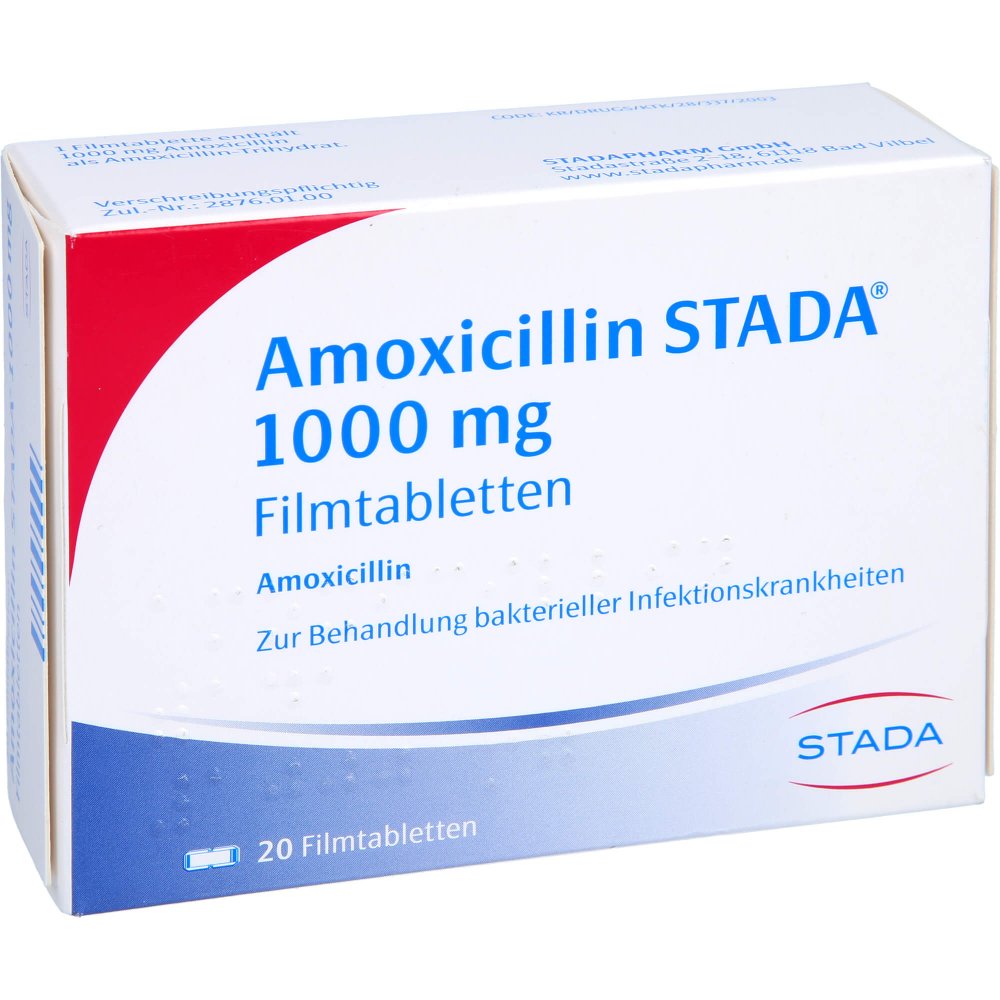 Das Produktfoto zeigt Amoxicillin Stada 1000 Mg Filmtabletten (20 stk) PZN 02760548