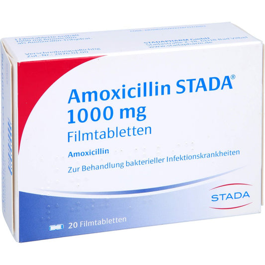 Das Produktfoto zeigt Amoxicillin Stada 1000 Mg Filmtabletten (20 stk) PZN 02760548