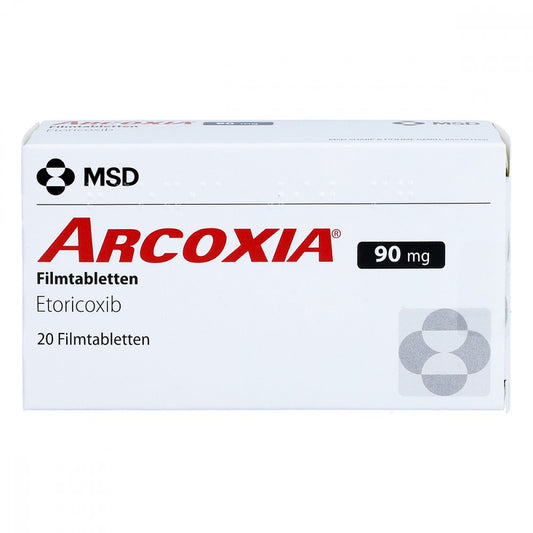 Das Produktfoto zeigt Arcoxia 90 Mg Filmtabletten (20 stk) PZN 02760962