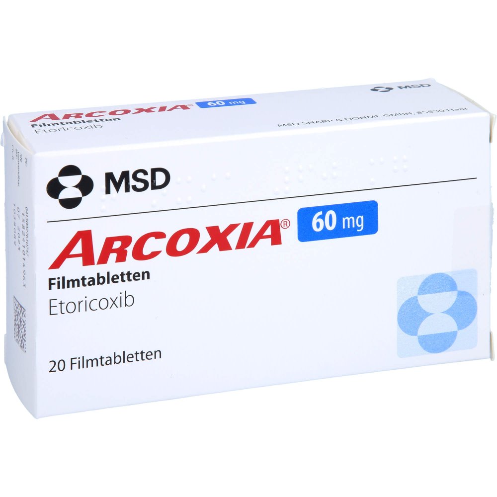 Das Produktfoto zeigt Arcoxia 60 Mg Filmtabletten (20 stk) PZN 02761074