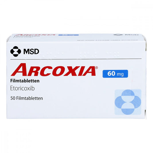 Das Produktfoto zeigt Arcoxia 60 Mg Filmtabletten (50 stk) PZN 02761080