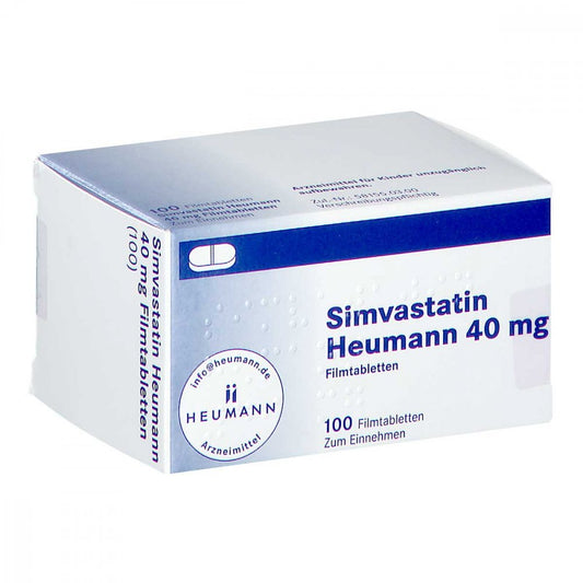 Das Produktfoto zeigt Simvastatin Heumann 40 Mg Filmtabletten (100 stk) PZN 02765391